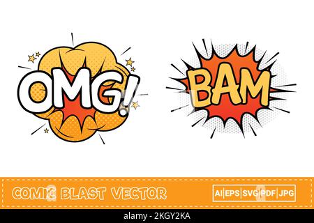 Bam comic explosion with yellow and red color. OMG comic blast with orange, yellow, and white colors. Comic burst explosion with stars. Bam explosion Stock Vector