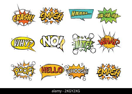 Cartoon explosions collection, funny comic speech clouds. Comic blast set. Speech bubbles set with colorful cloud vector. Comic burst text bubbles col Stock Vector