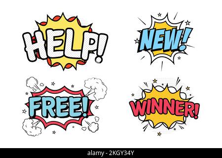 Help and New comic blast with blue, white, red, and yellow colors. Free and Winner comic explosion with yellow, white, and red. Comic burst with color Stock Vector
