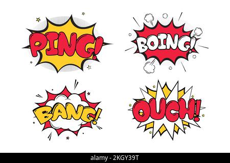Ping Boing comic blast with white, red, and yellow colors. Ouch Bang comic explosion with yellow, white, and red colors. Comic burst with colorful clo Stock Vector