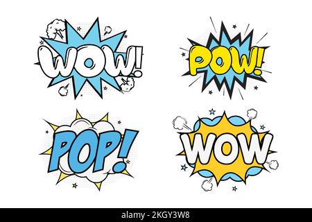 Wow comic blast with blue, white, and yellow color. Pow comic explosion with yellow and blue color. Comic burst with colorful pop and wow. Pop explosi Stock Vector