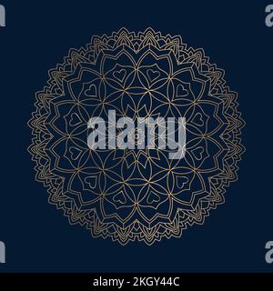 Mandala pattern with shiny gold color. Luxurious decoration. Luxurious golden mandala vector. Golden pattern. Mandala ornament on a dark blue backgrou Stock Vector