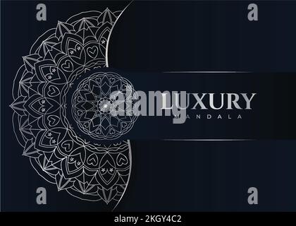 Mandala pattern with metallic white color. Luxurious mandala vector. Decorative white mandala pattern. Mandala ornament on a dark blue background. Whi Stock Vector