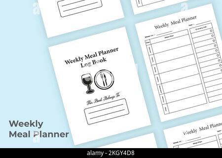 Weekly meal planner KDP interior. KDP interior log book. Weekly meal planner template. Grocery list template. KDP interior meal planner notebook. Week Stock Vector
