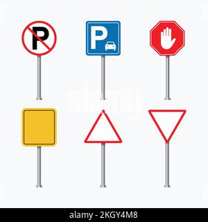 Road signs vector. Colorful traffic signs. Yellow, red blank road signs. Set of road direction signs on a white background. Blank advertising sign. St Stock Vector