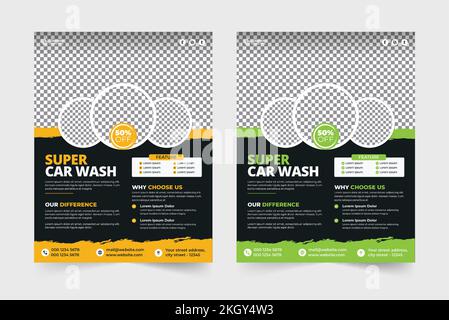 Car washing service flyer. Car wash and cleaning service cover template. Vehicle Cleaning service flyer vector. Car wash promotion offer brochure. Veh Stock Vector
