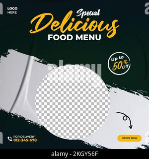 Food menu social media post. Special delicious food menu. Restaurant flyer with dark background and white, yellow text. Food promotion banner. Social Stock Vector