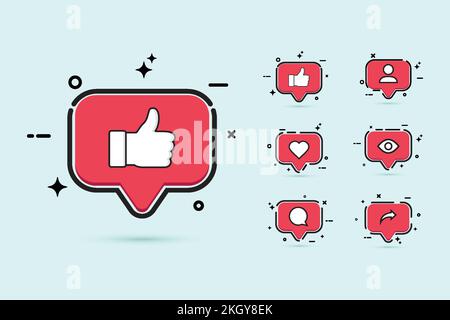 Social media button set with red color. Social button with like, love, comment, view, share and follow icon. Stylish red color flat button collection Stock Vector