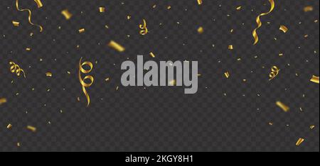 Golden confetti and ribbon falling illustration. Golden confetti and ribbon falling isolated on dark background. Festival elements vector. Anniversary Stock Vector
