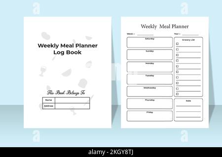 KDP interior weekly meal planner logbook. KDP interior meal planner notebook. Weekly grocery list log book. Weekly meal planner template. KDP interior Stock Vector