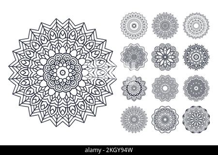 Mandala line art bundle. Mandala coloring page vector. Black and white mandala pattern. Mandala flower pattern set vector. Flower pattern vector. KDP Stock Vector