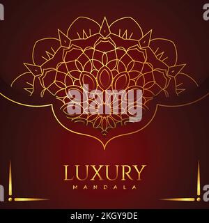 Decorative golden mandala background. Mandala pattern with shiny gold color. Golden pattern. Mandala ornament on a red background. Luxurious decoratio Stock Vector