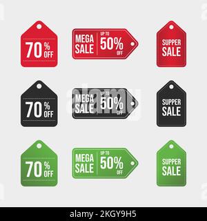 Mega Sale badge collection with green, black, red. Sale badge set. 70 percent discount tag collection. Super Sale coupon vector. Up to 50 percent off. Stock Vector