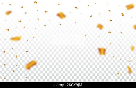 Golden confetti falls on a transparent background. Festival and party element confetti illustration. Golden party tinsel frame for a carnival backgrou Stock Vector