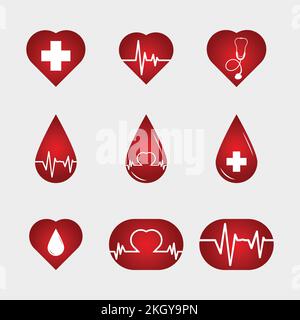 Blood drop icon vector. Medical red icon with blood drop, pulse icon, heart icon. Medical service logos vector. Medical icon set with red color. Stock Vector