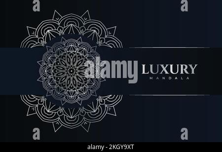 Decorative white mandala pattern. Mandala pattern with metallic white color. White pattern. Mandala ornament on a dark blue background. Luxurious deco Stock Vector
