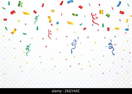 Realistic confetti background vector. Multicolor celebration confetti ribbon falling illustration. Colorful bright confetti isolated on transparent ba Stock Vector