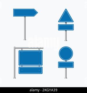 Traffic signs vector. Blue road signs. Blank advertising sign plate. Set of street signs on a white background. Colorful blank direction signs. Advert Stock Vector