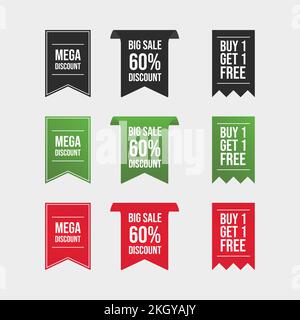 Mega discount badge with green, black, and red color. Sale badge set. Green, black, and red sales badge. Up to 60 percent discount tag collection. Big Stock Vector