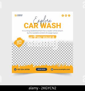 Car wash and cleaning service banner. Professional car wash advertisement. Vehicle washing service template. Car wash service social media post. Autom Stock Vector