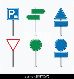 Blank road signs vector. Set of traffic signs on a white background. Red, blue, green road signs. Blank advertising sign. Colorful traffic signs. Park Stock Vector