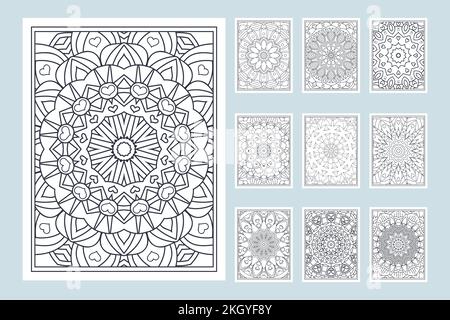 Decoration mandala flower KDP interior line art vector. Mandala coloring page pattern bundle. Mandala pattern set. Kids coloring page. Mandala colorin Stock Vector
