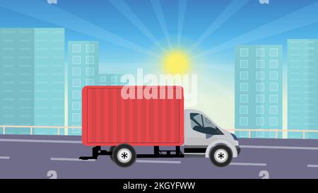 A delivery truck on the urban road flat design. Home delivery service concept with a delivery van. Online order concept with tall buildings and shiny Stock Vector