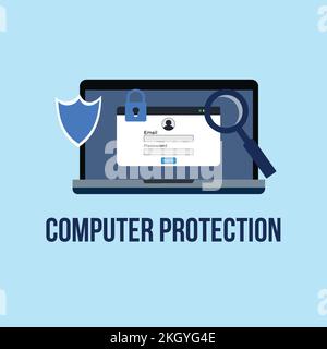 Computer protection and security concept vector. Laptop virus scan and information security illustration. Magnifying glass searching for computer viru Stock Vector