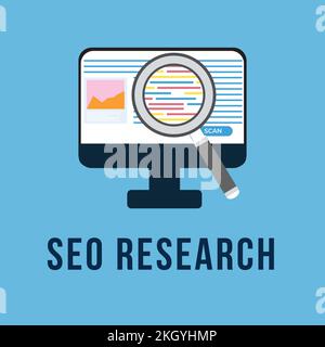 SEO research concept with a magnifying glass. Researching SEO from a website inside a computer vector. Computer website showing an image icon and a ma Stock Vector