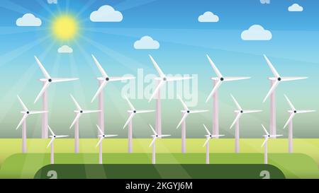Windmills in different sizes and shapes on a green field. Producing electricity from windmills using the air concept. Windmills in a greenfield on a s Stock Vector