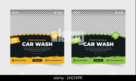 Car washing service social media banner. Car wash and cleaning service banner. Vehicle washing service template. Auto mobile cleaning service flyer. P Stock Vector