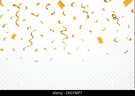 Golden confetti falling background. Realistic golden ribbon and confetti vector illustration. Golden confetti isolated on transparent background. Fest Stock Vector