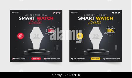 Smart watch product post. Smart watch social media post. Limited time offer smart watch mega sale. Wrist Watch sale discount template. Clock business Stock Vector