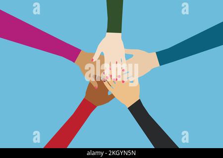 People with different skin colors flat vector illustration. Global unity concept with different colors of hands. International friendship and humanity Stock Vector