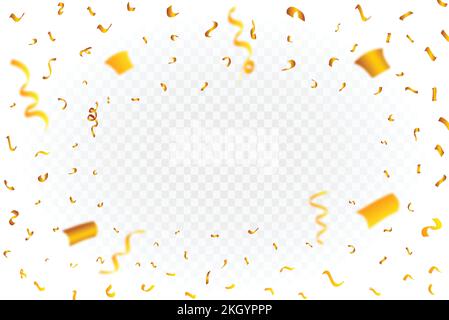Golden confetti frame vector background. Realistic golden ribbon and confetti explosion illustration. Golden confetti isolated on transparent backgrou Stock Vector