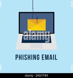 Phishing mail with a fishing hook vector. Hacker stealing mail illustration. Online password and login scam. Computer hacker spam mail. Password login Stock Vector