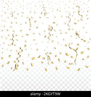 Confetti vector with golden ribbon for festival background. Confetti and ribbon falling background. Golden confetti on transparent background. Event a Stock Vector