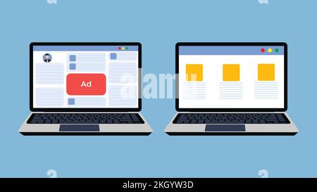 Online ads showing on websites concept. Ad pop-up design in websites or applications on a laptop. Online shop advertising, sale discount promotion, in Stock Vector