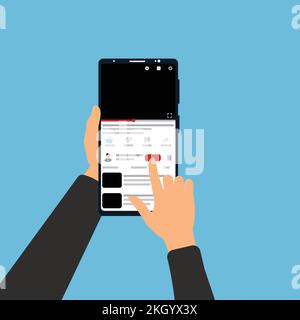 Subscribing online channel on a mobile vector. Hand holding a smartphone and clicking on subscribe button for a video channel. A smartphone showing on Stock Vector