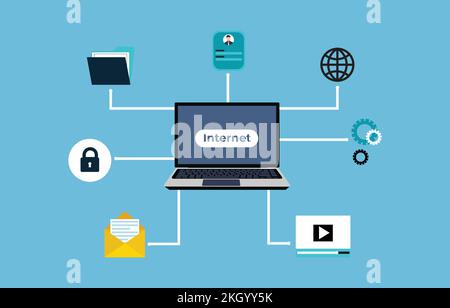 Internet service and network connection concept vector. Online file sharing, mailing, communicating, and watching videos with the internet. Online ser Stock Vector