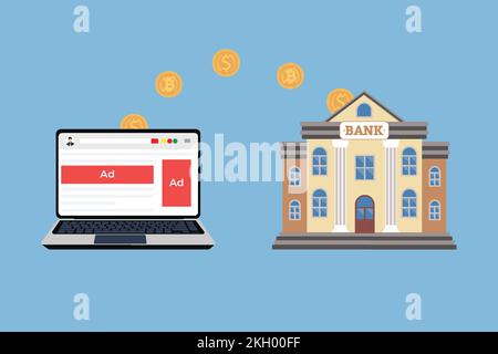 Earning from online ads and money transfers to the bank. Website and application showing ads and earning money. Transferring bitcoin and money to the Stock Vector