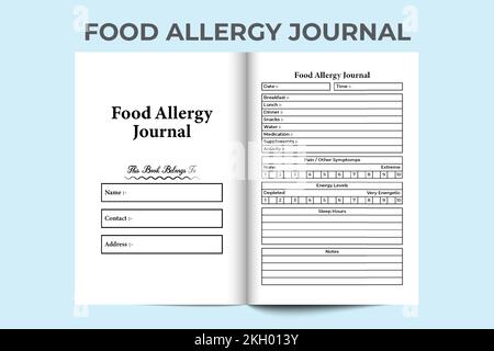 Food allergy journal KDP interior. Food allergy symptoms and pain level tracker log book template. KDP interior notebook. Daily food routine and aller Stock Vector