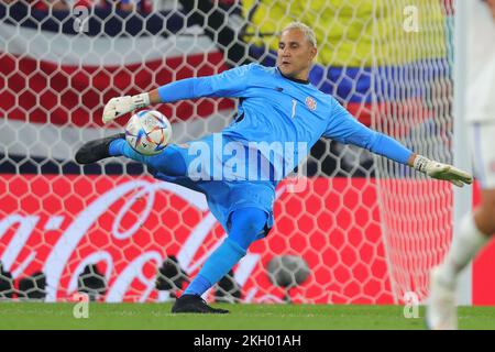 Doha, Qatar. 23rd Nov, 2022. Keylor Navas of Costa Rica kicks the ball during the FIFA World Cup Qatar 2022 Group E match between Spain and Costa Rica at Al Thumama Stadium, Doha, Qatar on 23 November 2022. Photo by Peter Dovgan. Editorial use only, license required for commercial use. No use in betting, games or a single club/league/player publications. Credit: UK Sports Pics Ltd/Alamy Live News Credit: UK Sports Pics Ltd/Alamy Live News Stock Photo