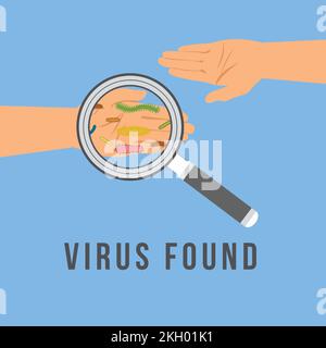 Virus and germs on hand concept. Checking hands with a magnifying glass and searching for covid-19. Coronavirus found on hands with a magnifying glass Stock Vector