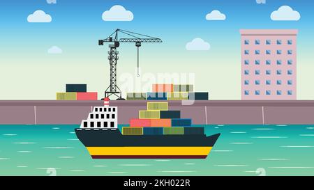 Transporting cargo with a ship vector. Ship in a dockyard, getting cargo container by a crane. Cargo ship loading container with a crane vector. Docky Stock Vector