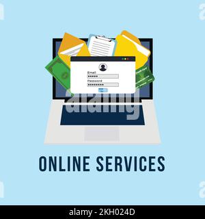 Online services on a computer with a credit card, email, and information vector. Online money transfer and payment service concept. Document and infor Stock Vector