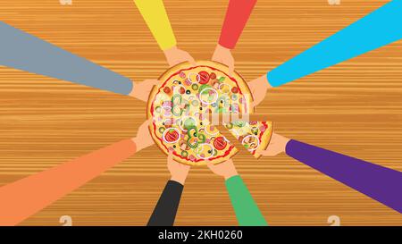 Hands taking pizza slices from a table vector. Delicious pizza vector with different kinds of hands. Pizza with so many toppings. Taking pizza slice f Stock Vector
