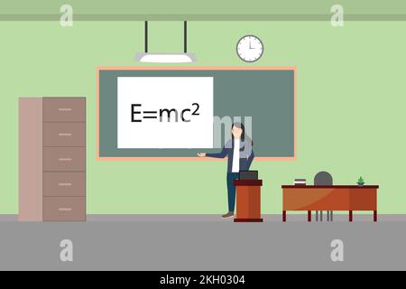 A female teacher inside the classroom teaching physics. Teacher flat character design with classroom interior vector. Education and university concept Stock Vector