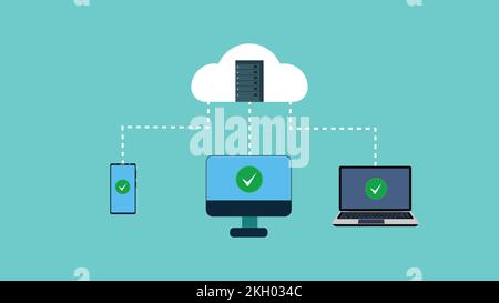 Transferring data from cloud server to computer devices vector. Cloud server concept with a smartphone, a laptop, and a computer. Online data storage Stock Vector