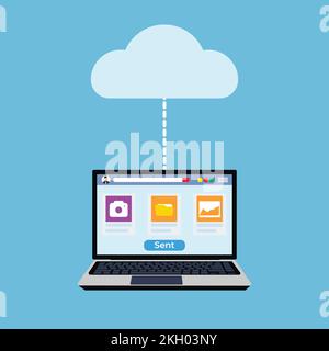 Files and information transferring to cloud storage concept. Cloud server and storage concept with a laptop sharing files. Image file and camera icon Stock Vector